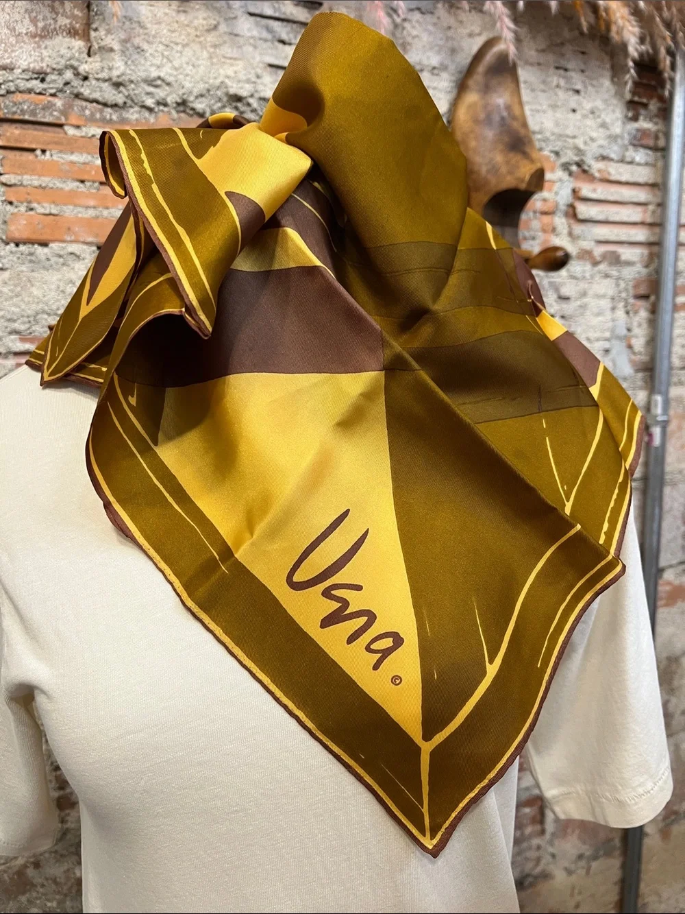 Vintage Vera Neumann square deadstock mustard / brown scarf large Logo